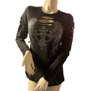 NWT Liberty women’s black long sleeve blouse cutouts and rhinestone embellishmed